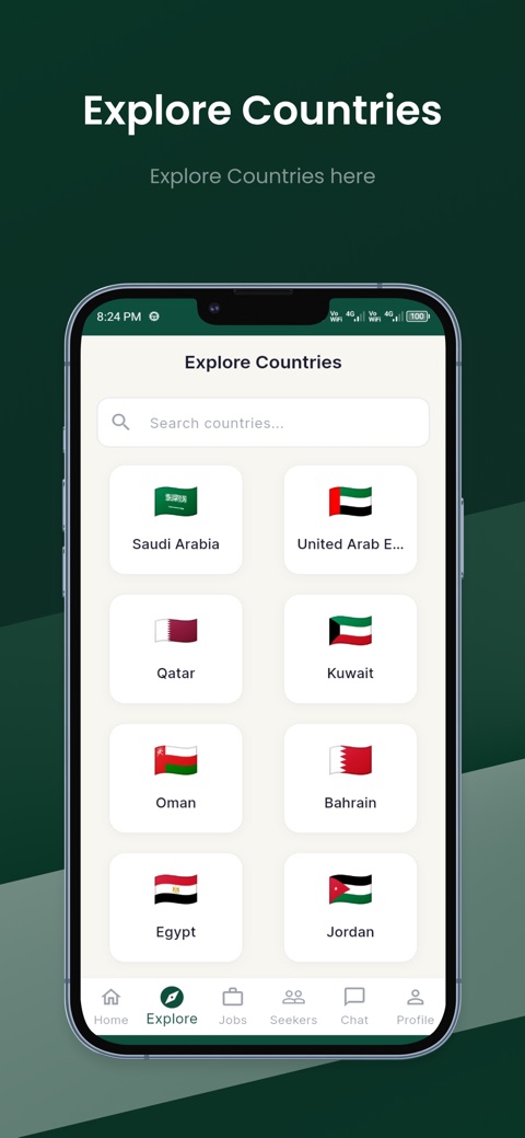 GulfRasta app Explore Countries screen with country grid