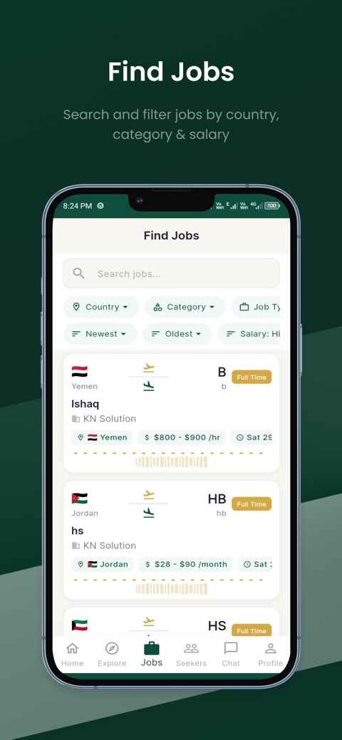 GulfRasta app Find Jobs screen with listings and salary filters