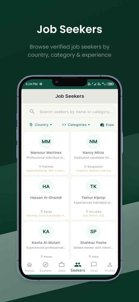 GulfRasta app Job Seekers directory screen